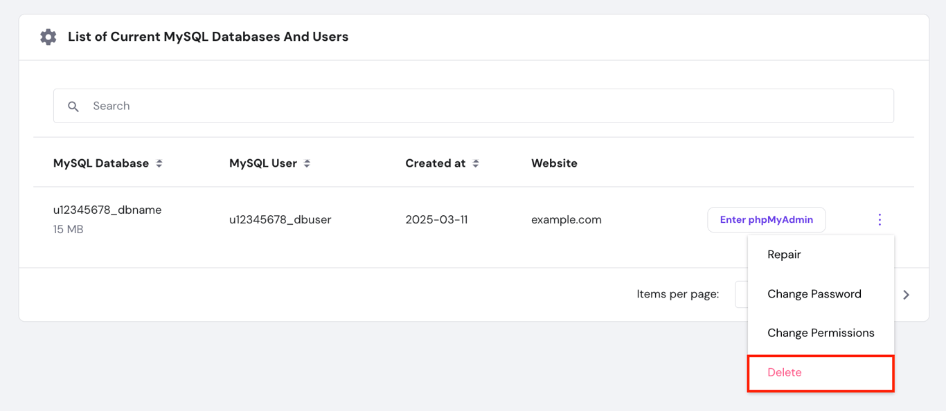 hPanel Databases management screen with the delete option highlighted for a WordPress database.