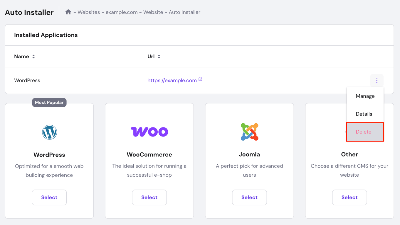 hPanel Auto Installer screen with the delete option highlighted for a WordPress site.
