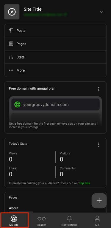 Jetpack app interface with the "My Site" option highlighted in the menu.