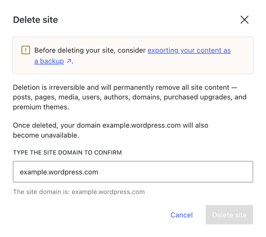 WordPress.com site settings page with the "Delete site" button visible at the bottom.