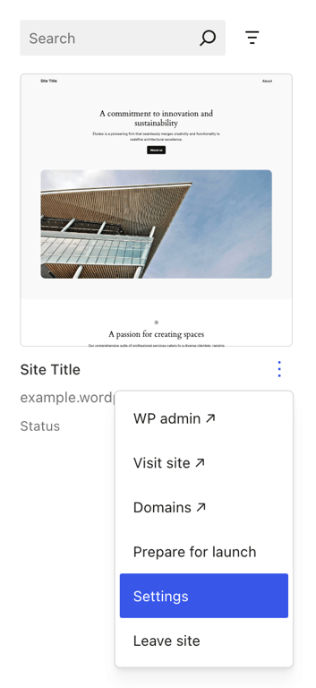 WordPress.com dashboard showing the "Sites" and "Settings" options highlighted.