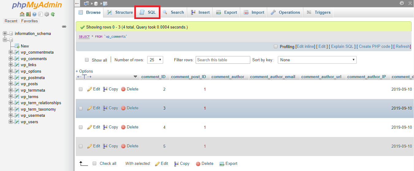 This image shows you how to access the SQL query tab of the selected table.