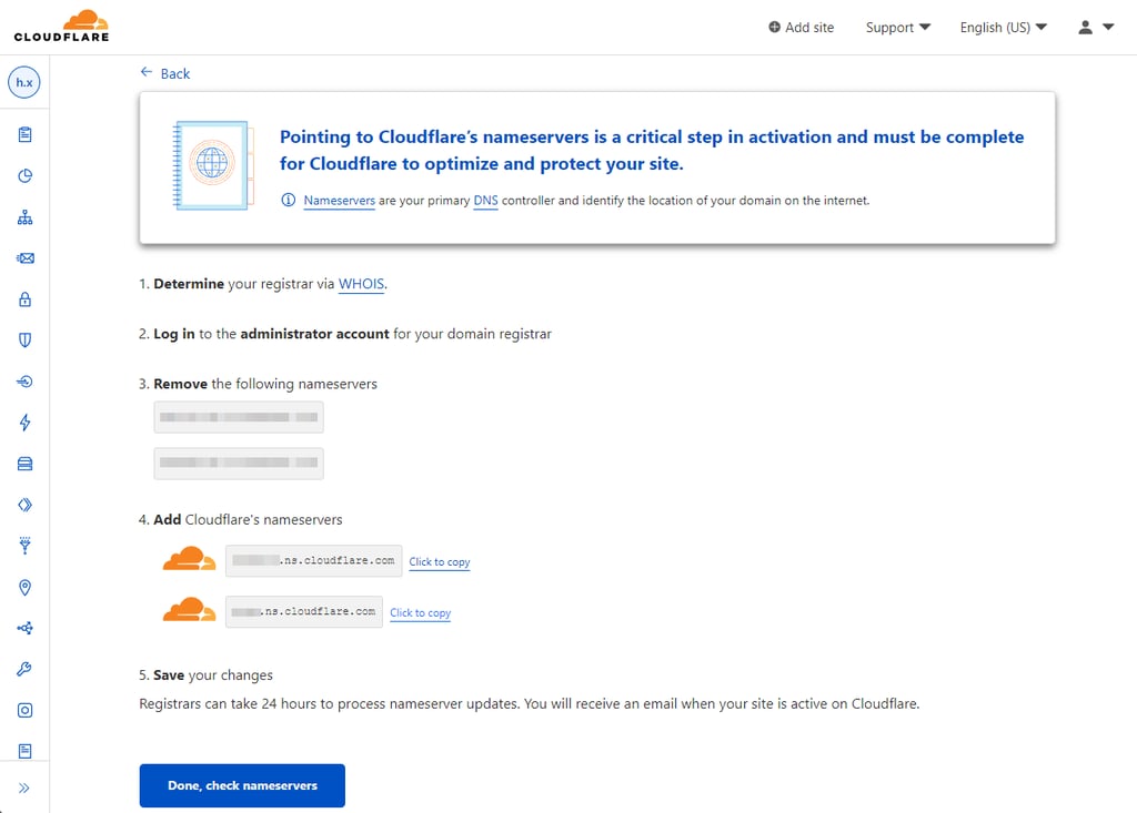 Cloudflare's change nameservers instruction