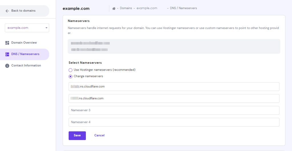 Hostinger change nameservers example