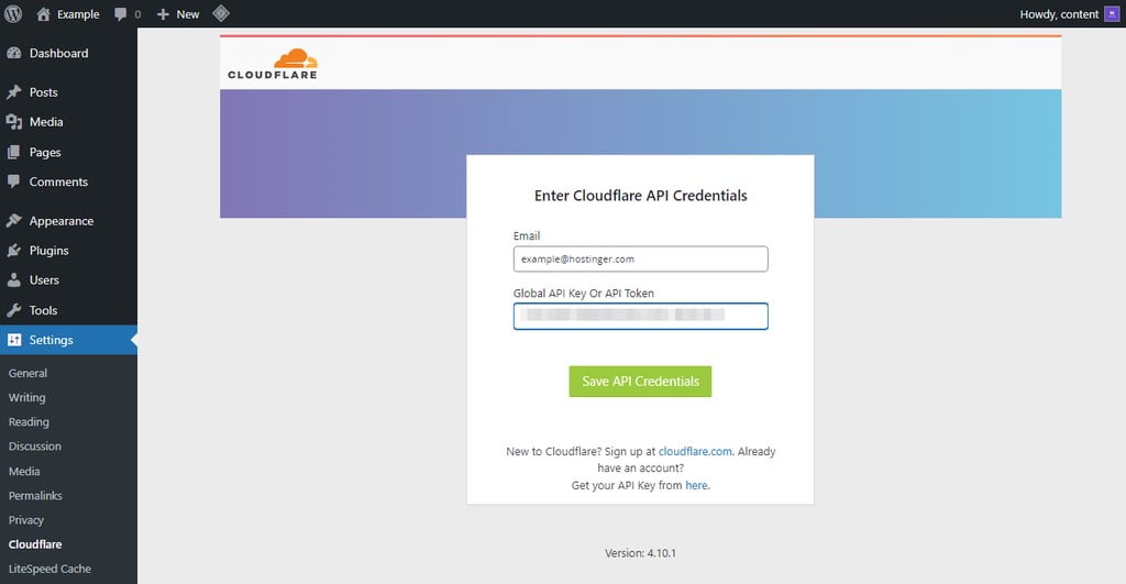 WordPress Cloudflare settings, featuring the Enter Cloudflare API credentials window