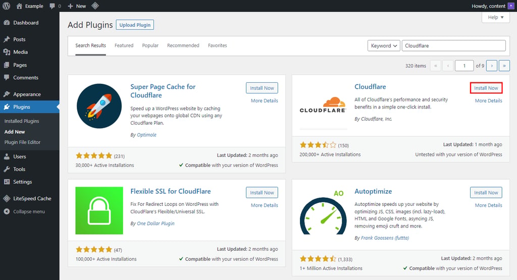 WordPress Cloudflare plugin