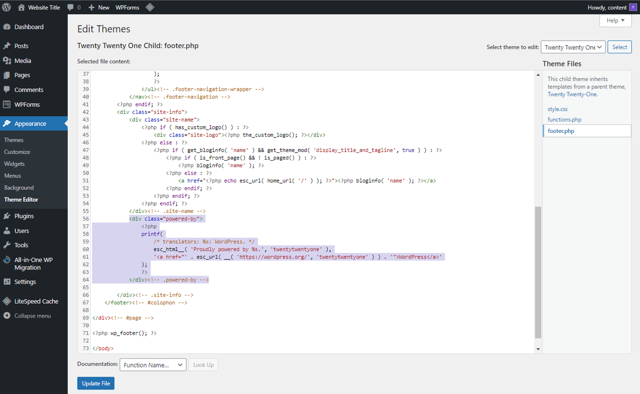 Footer.php file in the WordPress dashboard, highlighting the code that needs to be removed.
