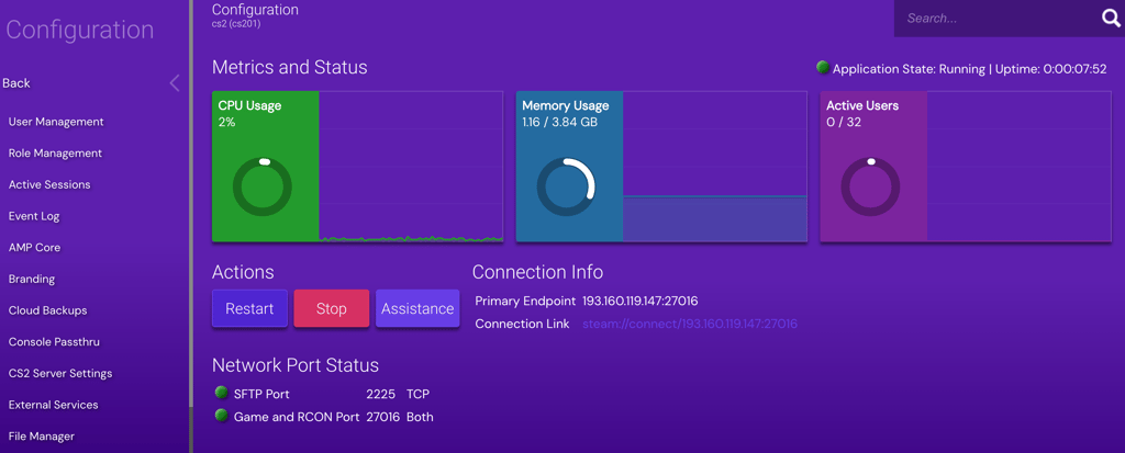 Hostinger's Game Panel instance configuration menu