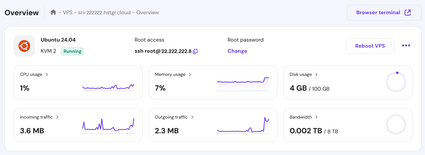 The VPS Overview screen in hPanel, with the SSH access details near the top