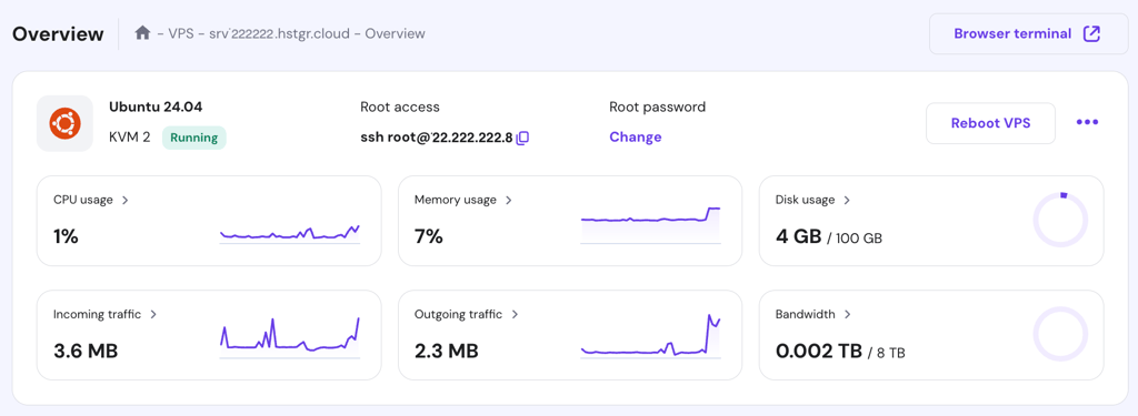 SSH access credentials in hPanel VPS overview menu