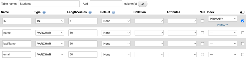 phpMyAdmin page while creating a new table