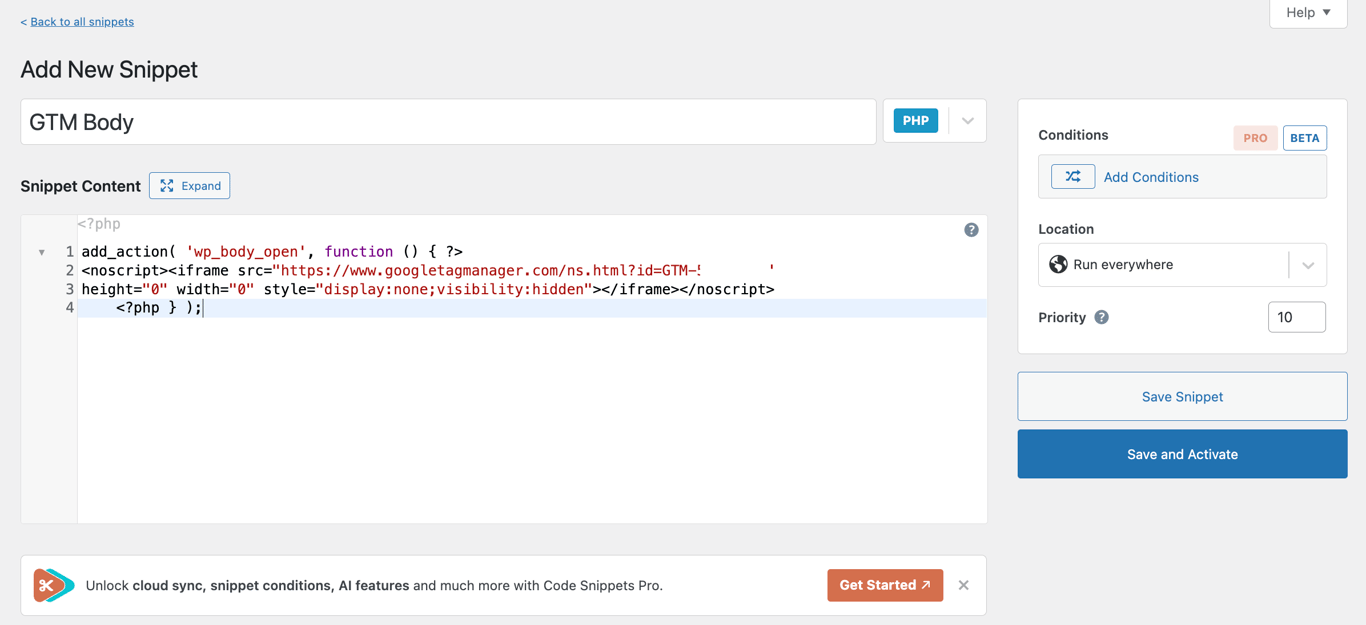 Adding a new Google Tag Manager noscript using Code Snippet plugin