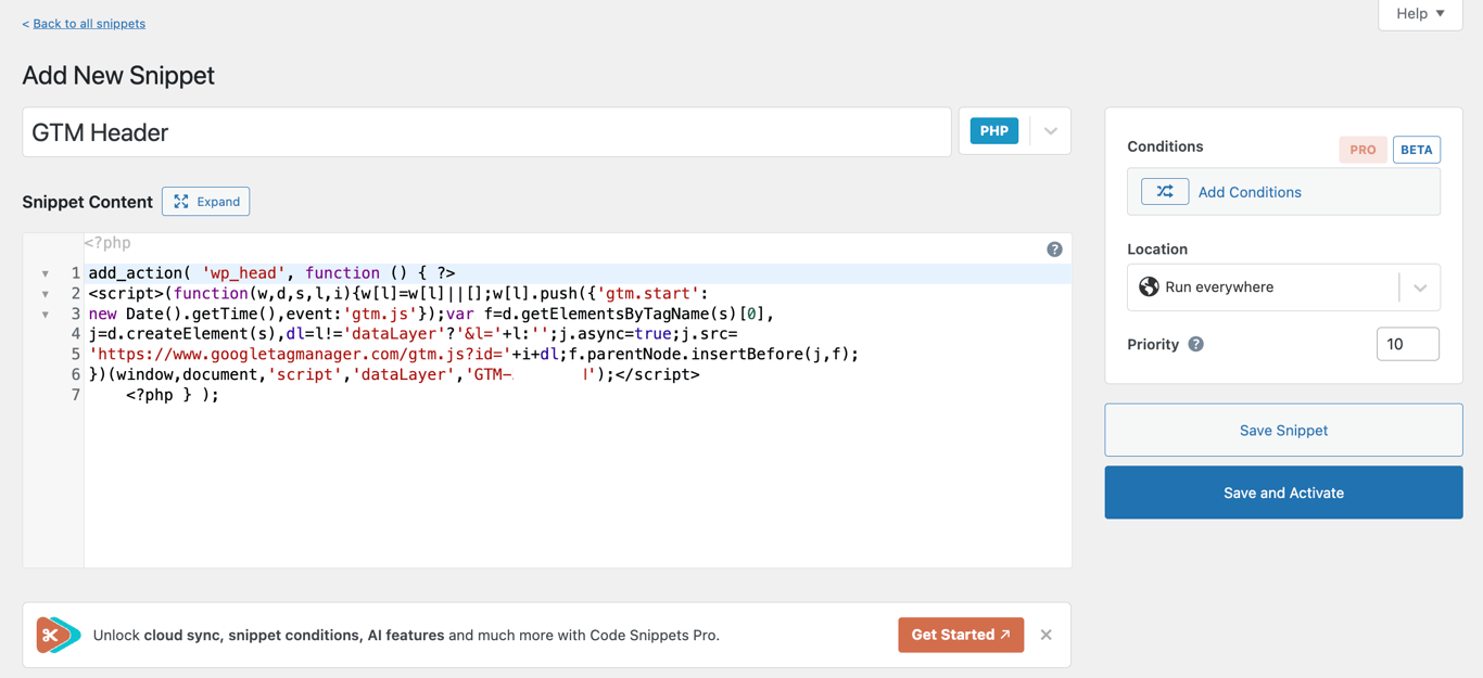 Adding a new Google Tag Manager script using Code Snippet plugin