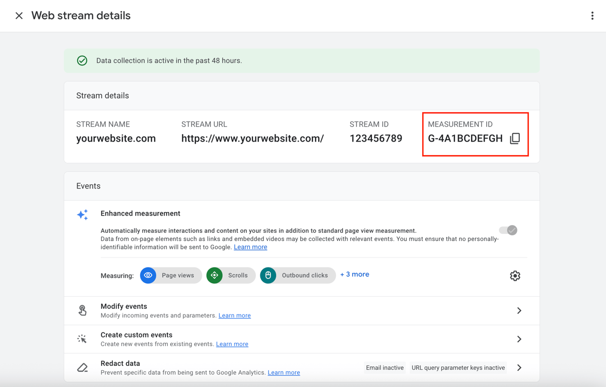 Google Analytics Measurement ID on the Web stream details page
