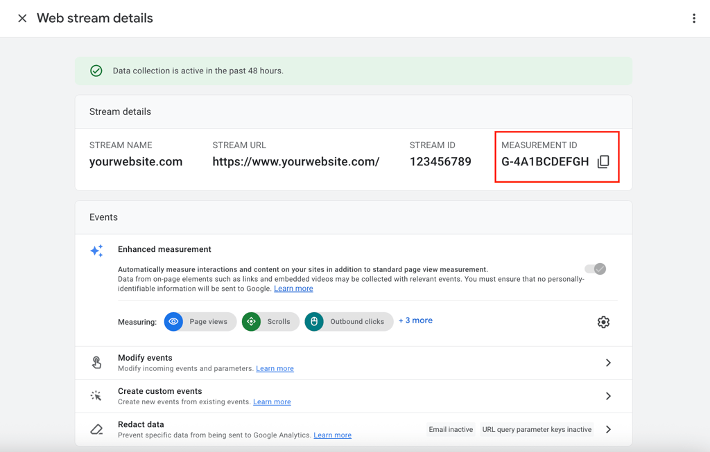 Google Analytics Measurement ID on the Web stream details page