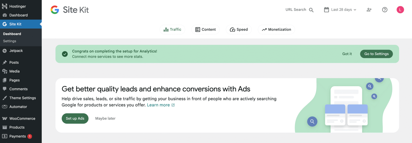 Google Site Kit menu on a WordPress dashboard