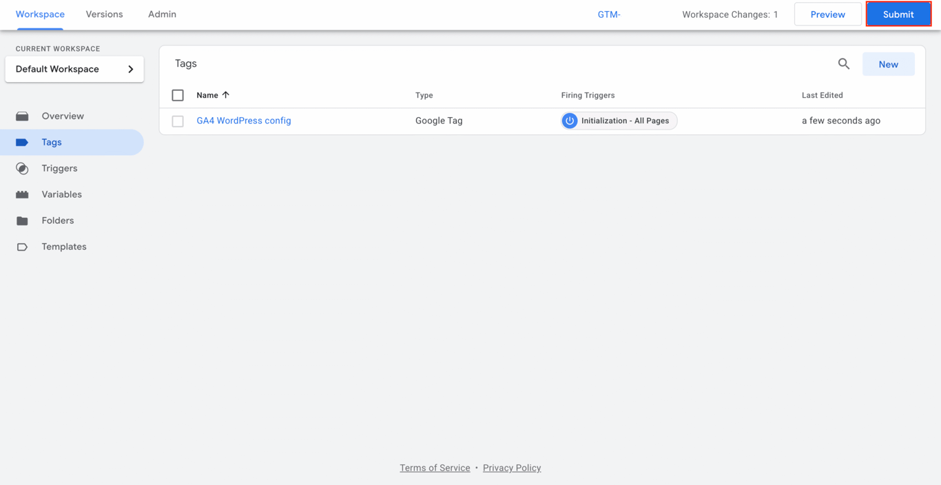The Submit button in Google Tag Manager