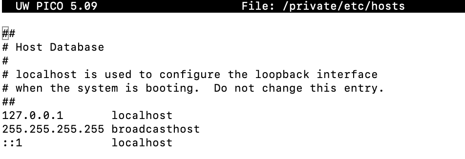 The terminal window displays the original hosts file that is opened with the nano text editor. Here users can add a specific IP address to map to a specific domain
