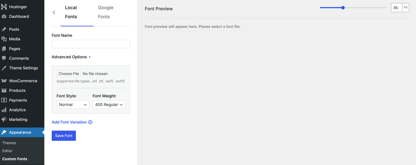 Interface for adding custom fonts using the Custom Fonts plugin for WordPress