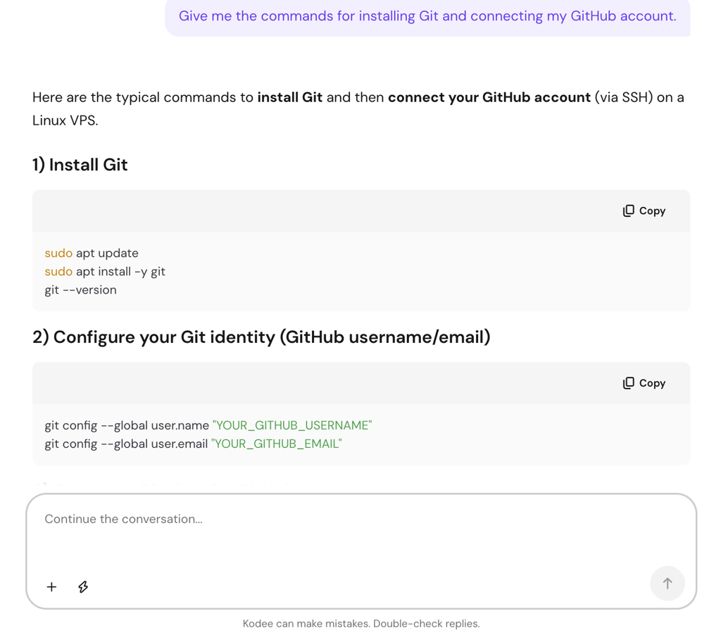 Hostinger Agent giving installation commands for Git and steps to connect to a GitHub account