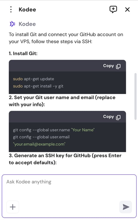 Kodee VPS AI assistant writes commands for installing and configuring Git on Ubuntu