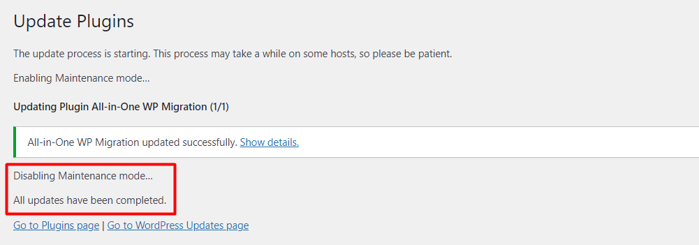 WordPress's updates completed message