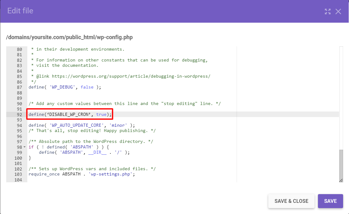 The contents of the wp-config.php file with the define(‘DISABLE_WP_CRON’, true); code snippet added
