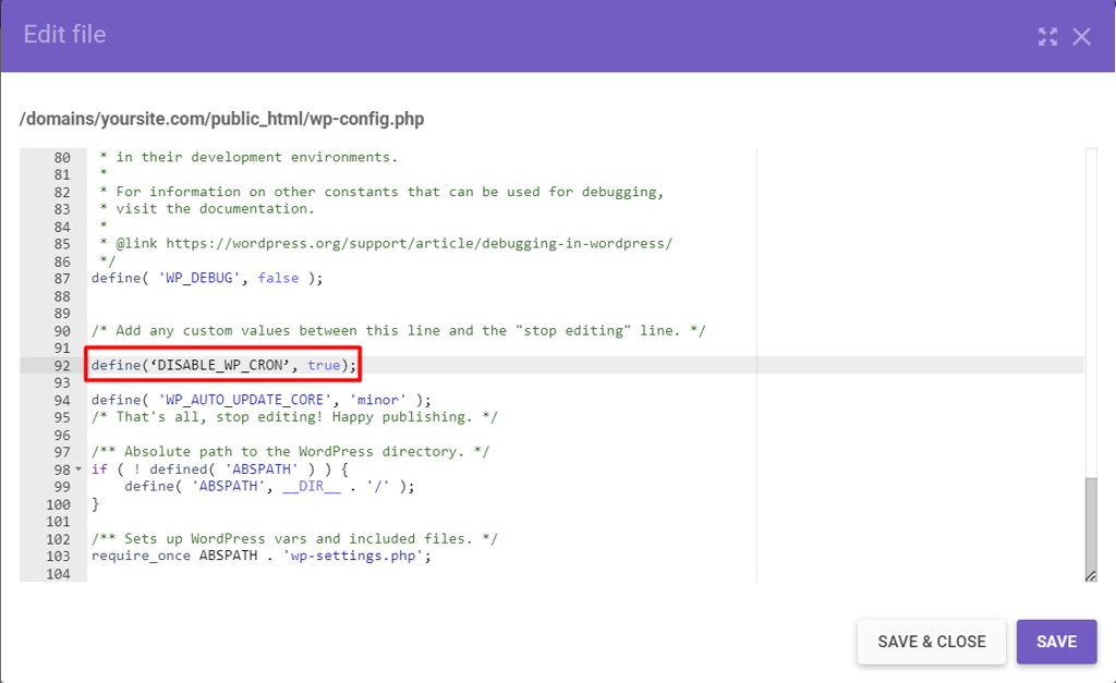The contents of the wp-config.php file with the define(‘DISABLE_WP_CRON’, true); code snippet added