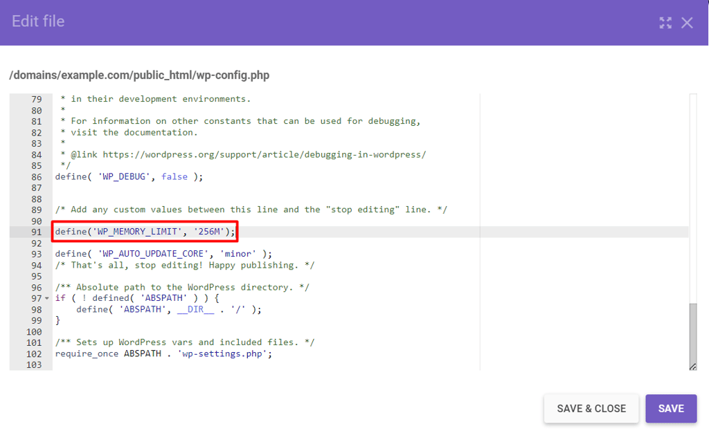 The contents of the wp-config.php file with the define('WP_MEMORY_LIMIT', '256M') code snippet added