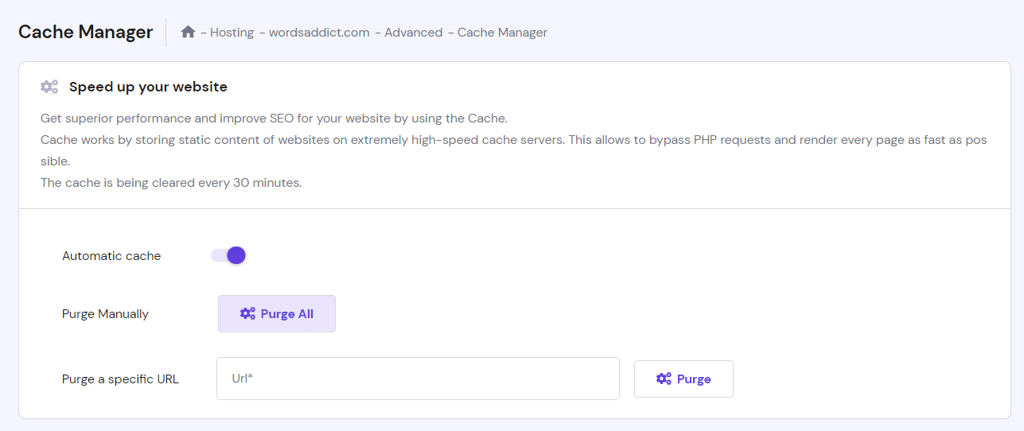 The Cache Manager screen on hPanel