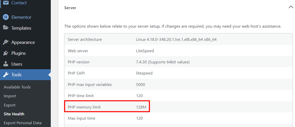 The memory limit information on the WordPress dashboard