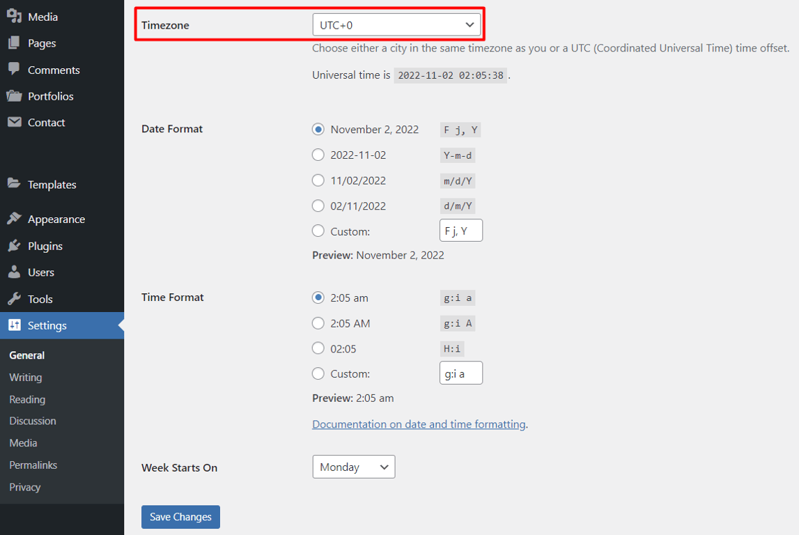 The timezone settings on the WordPress dashboard