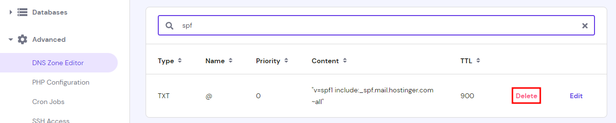 The spf search result on the DNS Zone Editor with Delete highlighted