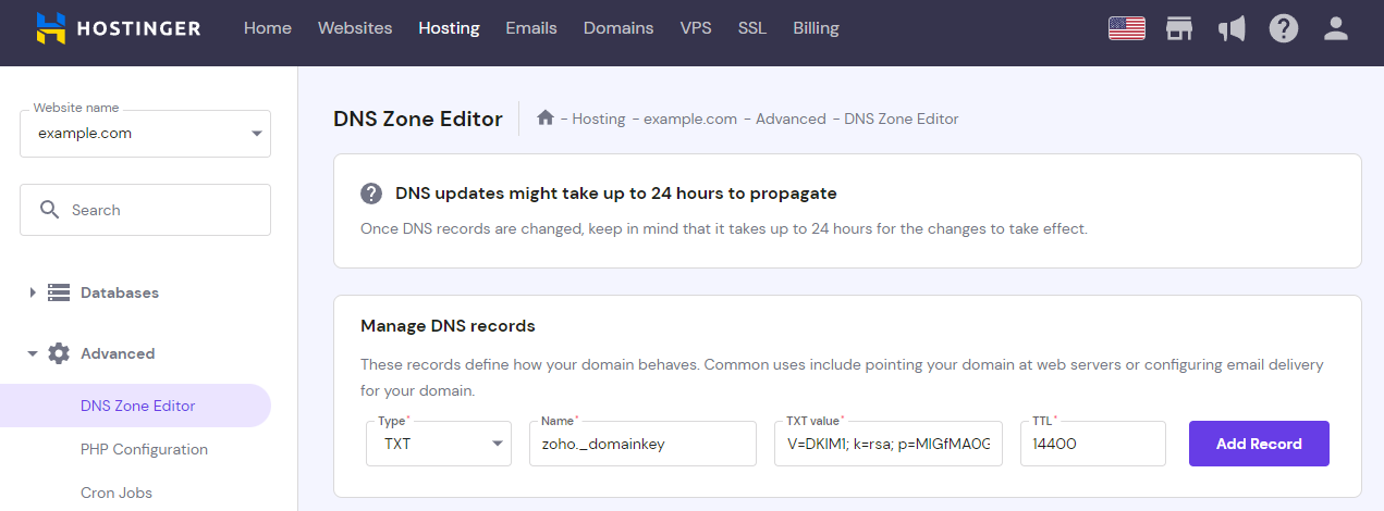 The TXT DNS record type on hPanel's DNS Zone Editor with modified Name and TXT value