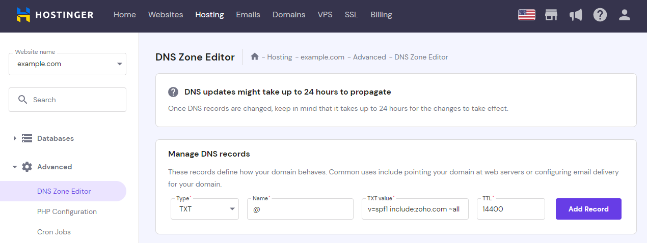 The TXT DNS record type on hPanel's DNS Zone Editor with modified TXT value
