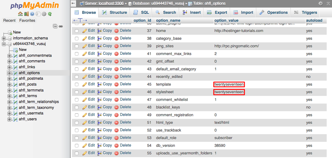 Tema e estilo no phpmyadmin