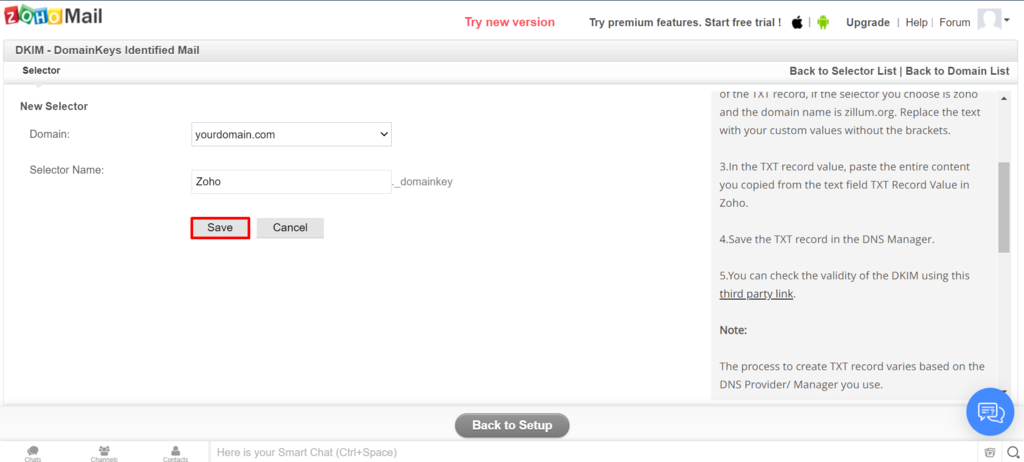 Screenshot of Zoho Mail DKIM selector
