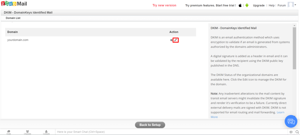 Screenshot of Zoho Mail domain edit button