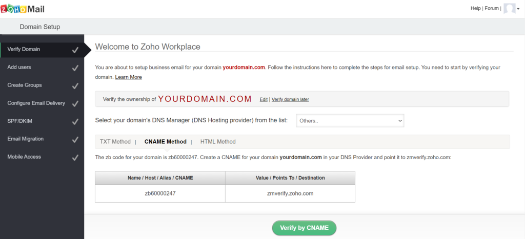 Screenshot of the Zoho Workplace to verify CNAME