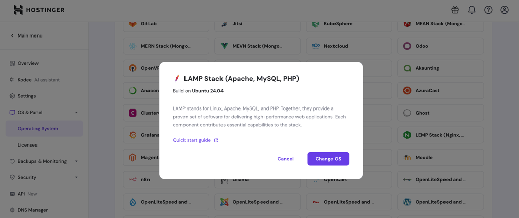 Confirmation box to change OS to LAMP Stack