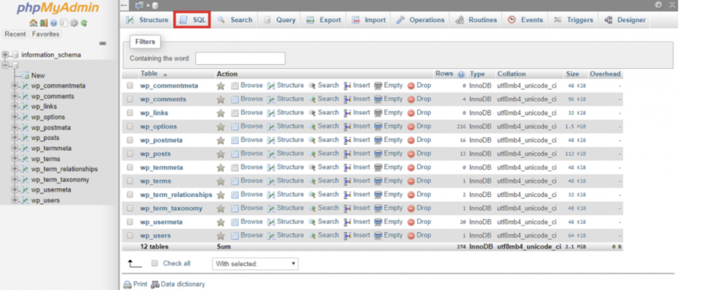 Navigating to the phpMyAdmin page, SQL tab at the top menu bar