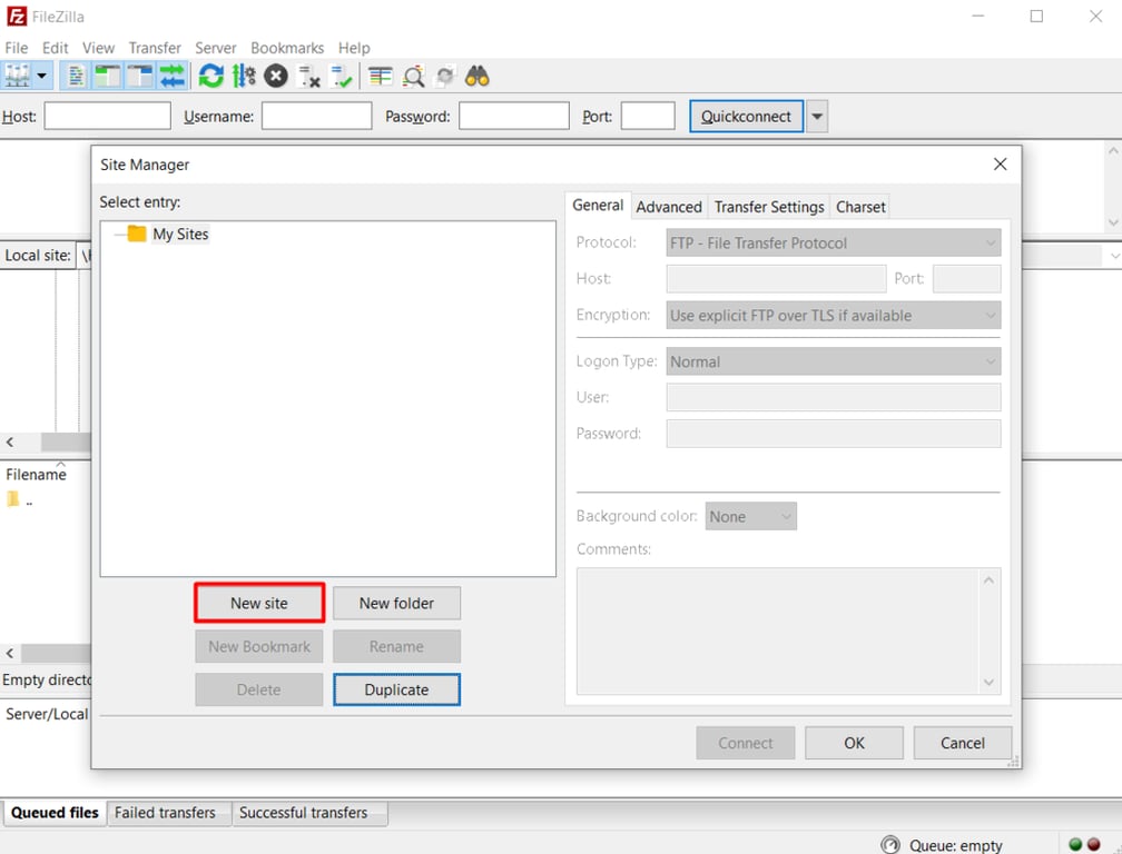 The New Site button in FileZilla