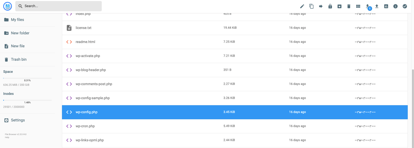 Hostinger's File Manager highlighting the wp-config.php file