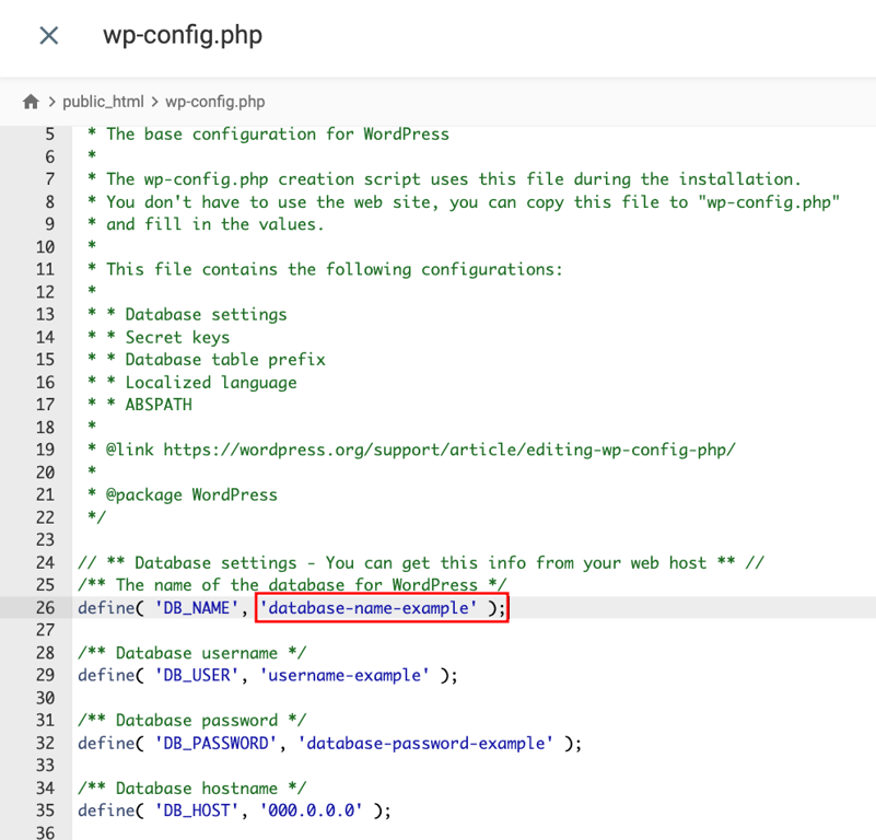 Hostinger's File Manager editor, highlighting the database name in wp-config