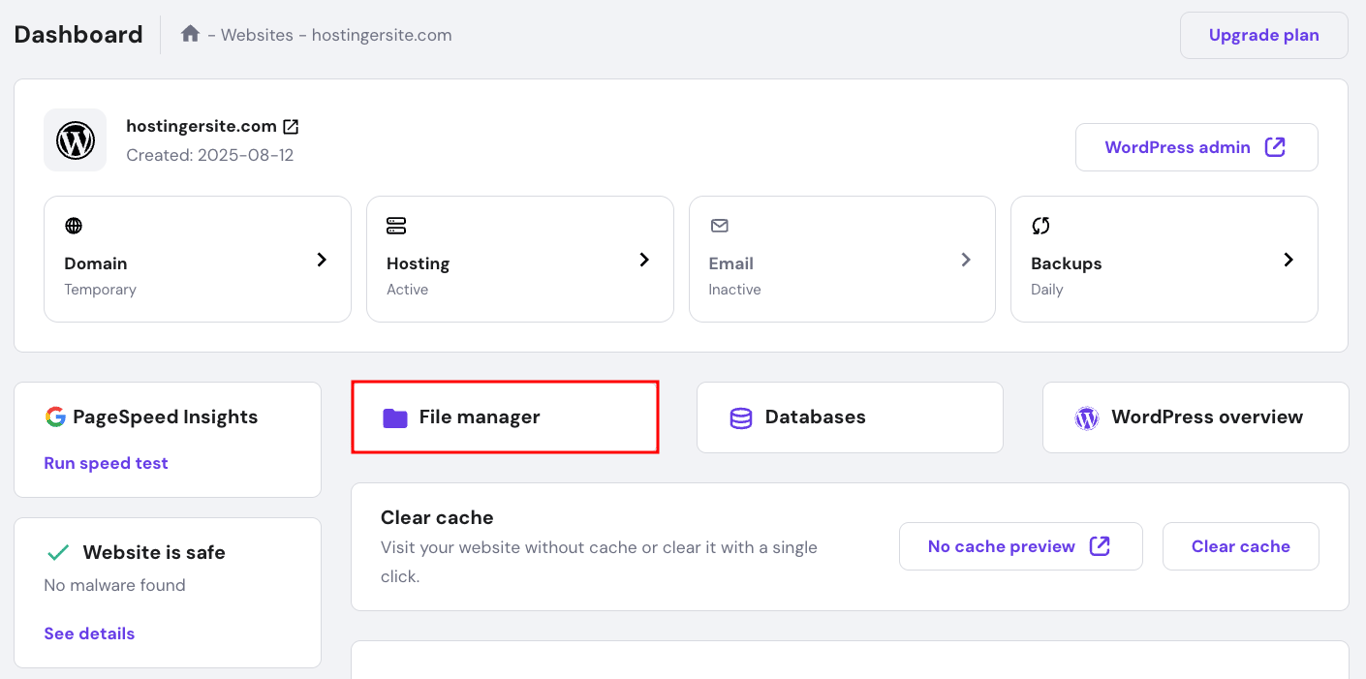 hPanel dashboard, highlighting access to File Manager