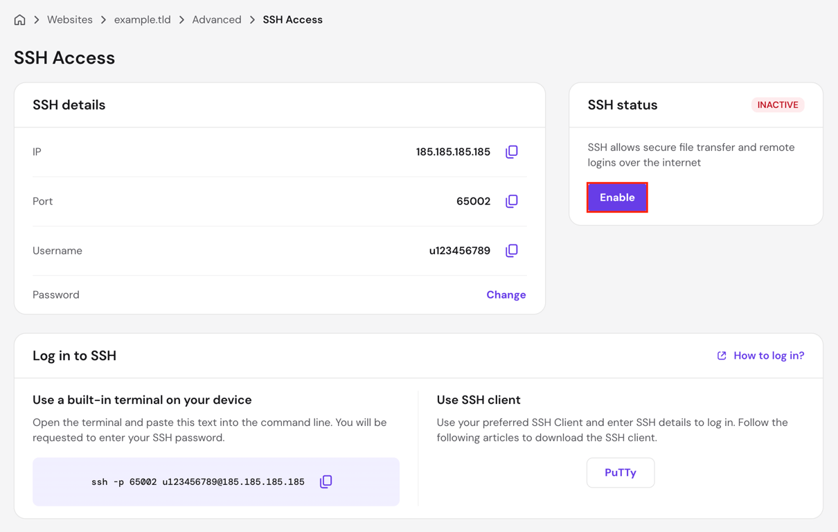 The Enable button in the SSH Access page of hPanel