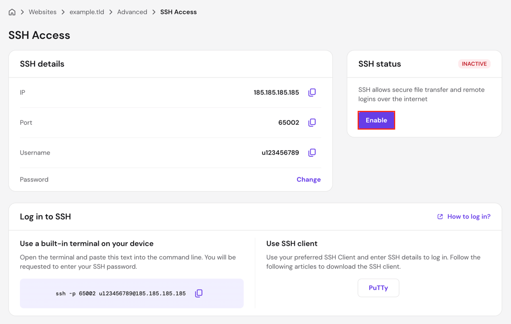 The Enable button in the SSH Access page of hPanel
