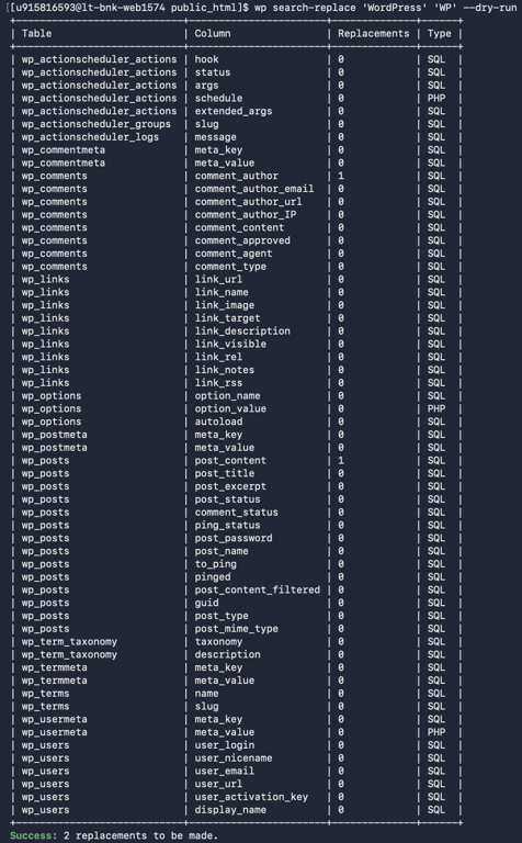 The output table of the wp search-replace --dry-run command
