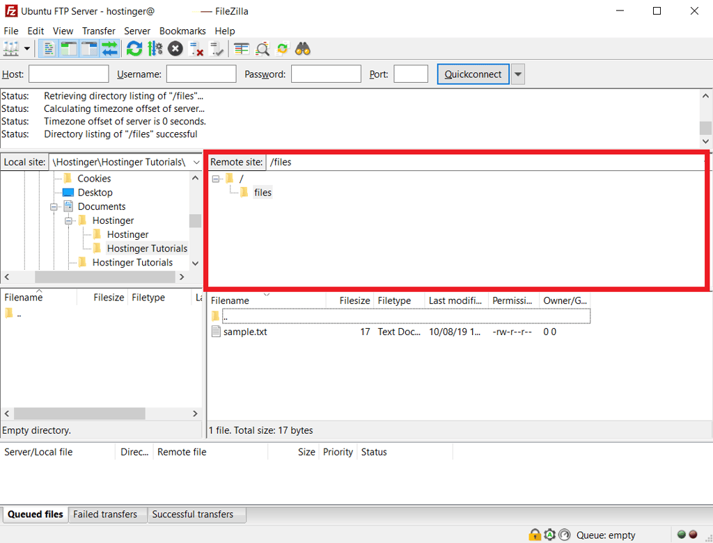 The file explorer for connected FTP server in FileZilla