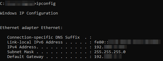 Command-prompt showcasing output of the ipconfig command